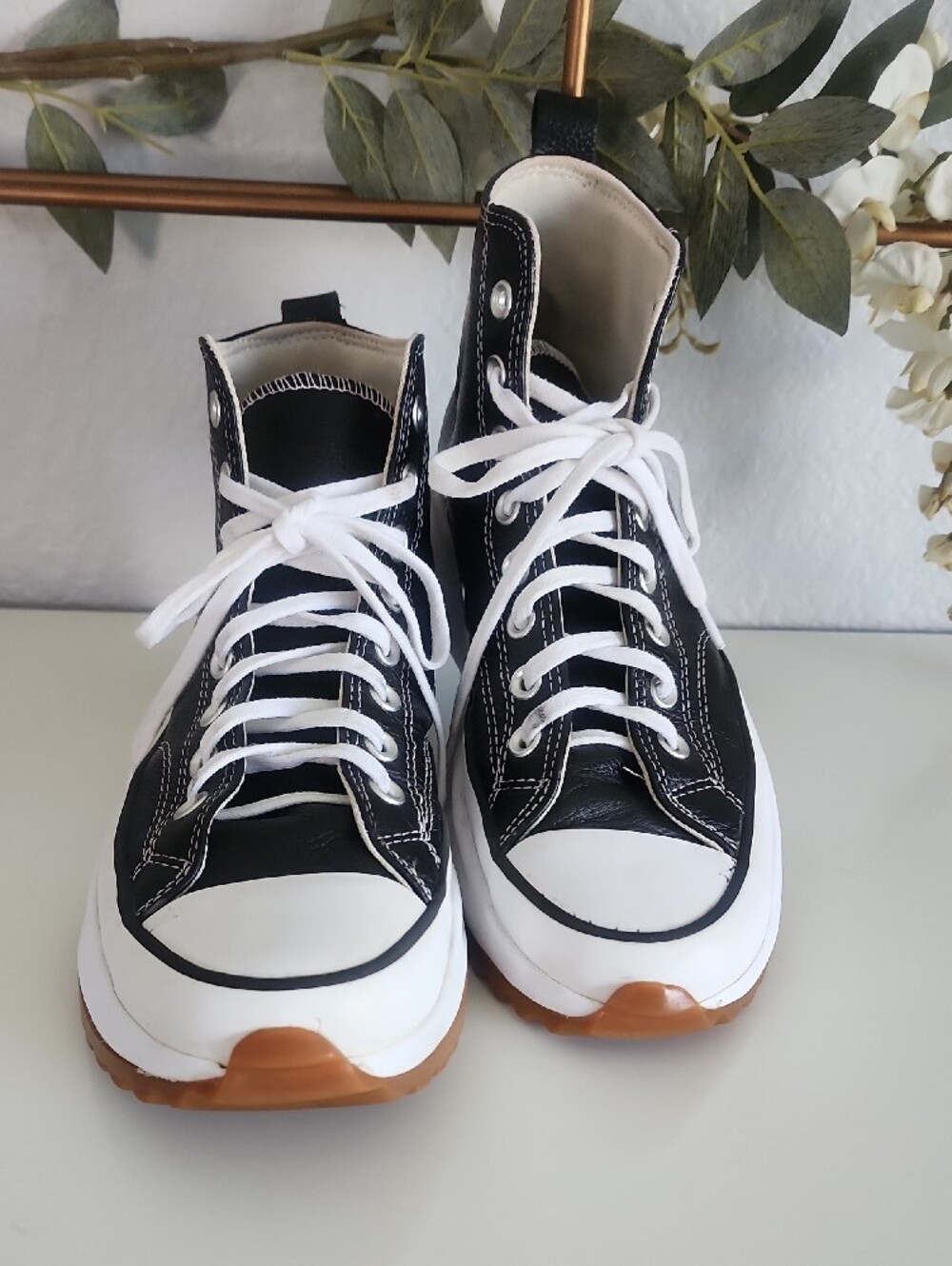 Converse Black Leather High-Top Sneakers with White Star Patch